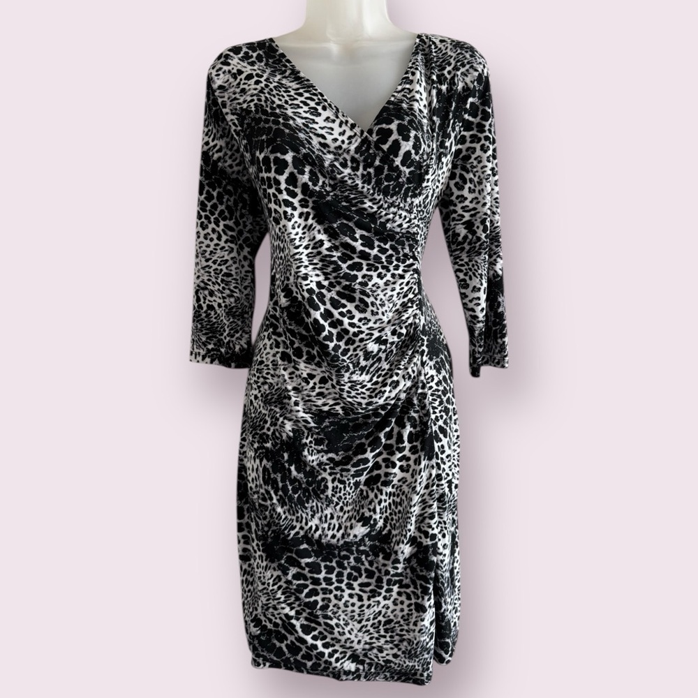 Dana Buchman Black White Animal Print Ruched Midi Dress Size S